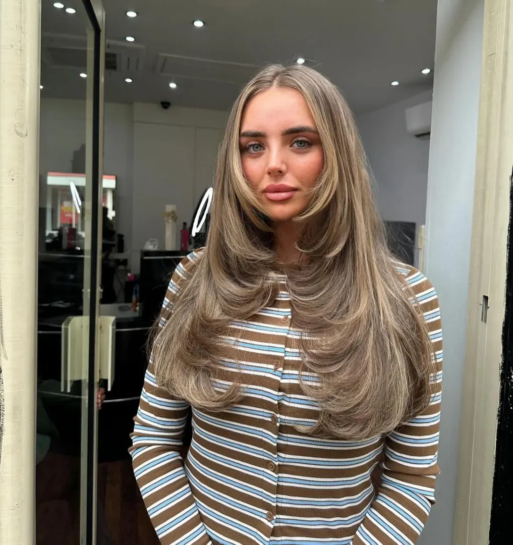 Ash Brown Long Layers with Voluminous Blowout and Face Framing
