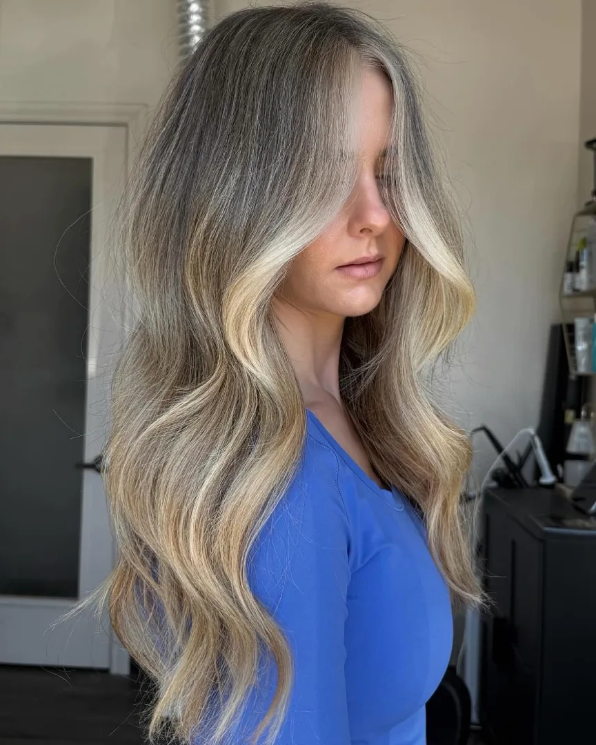 Ash Brown to Platinum Blonde Balayage with Money Piece