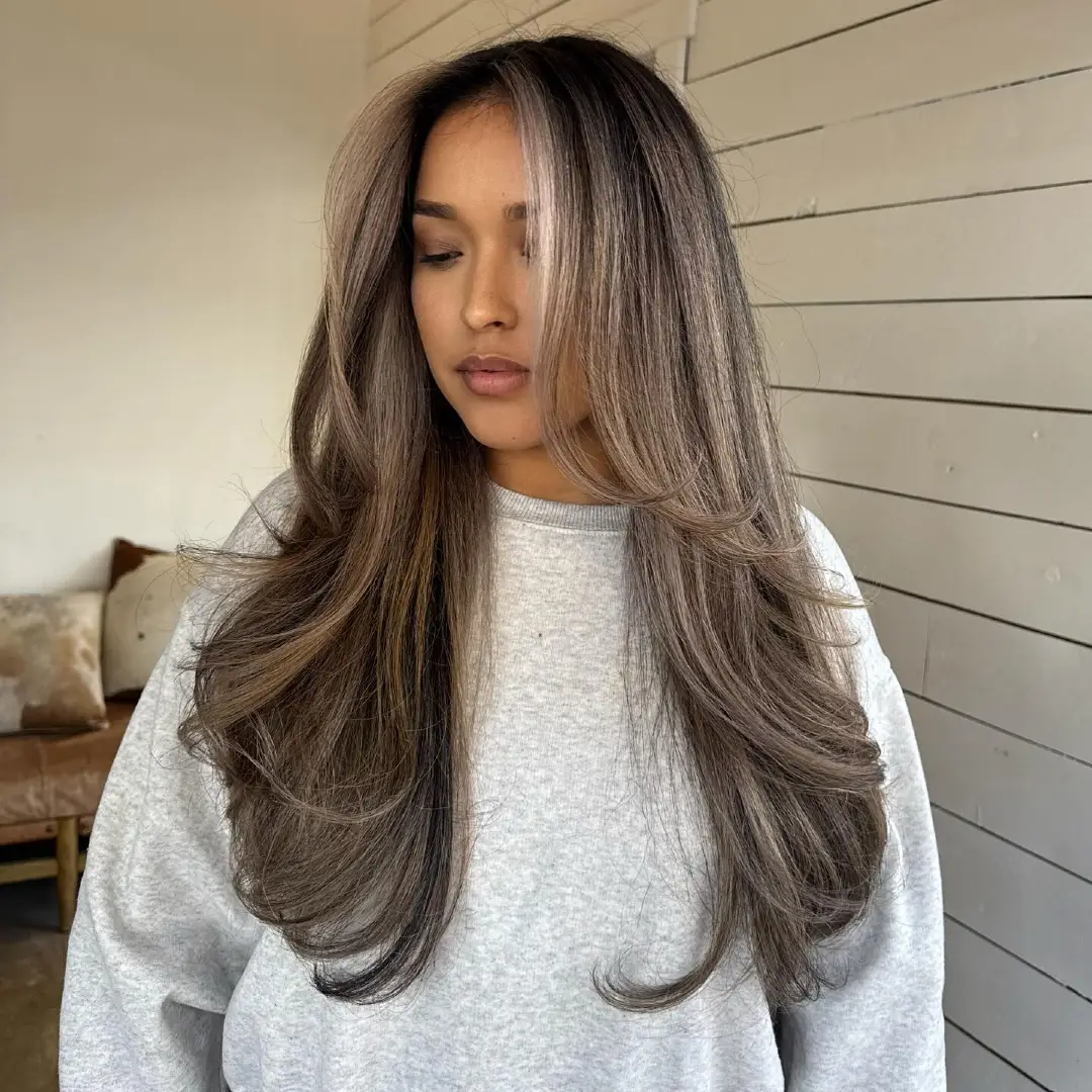 Ashy Brown Layered Hair with Cool-Toned Highlights
