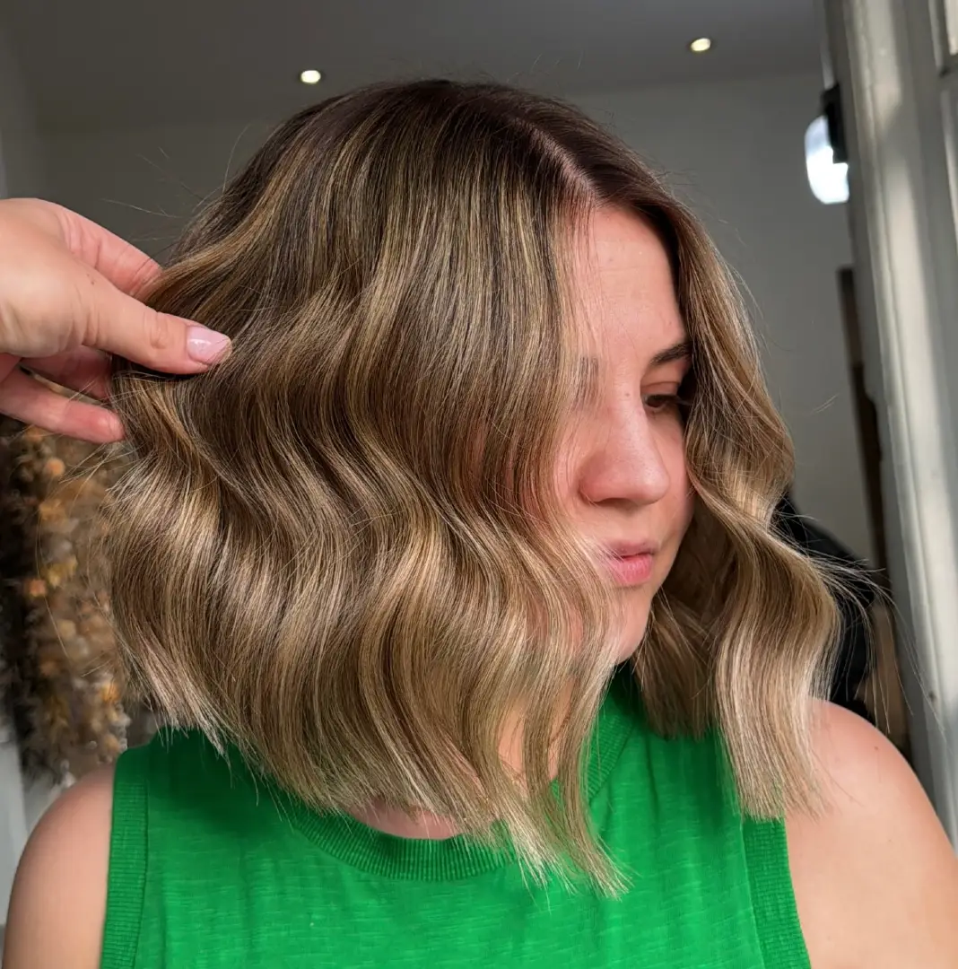 Balayage Bob with Warm Blonde Dimensional Tones