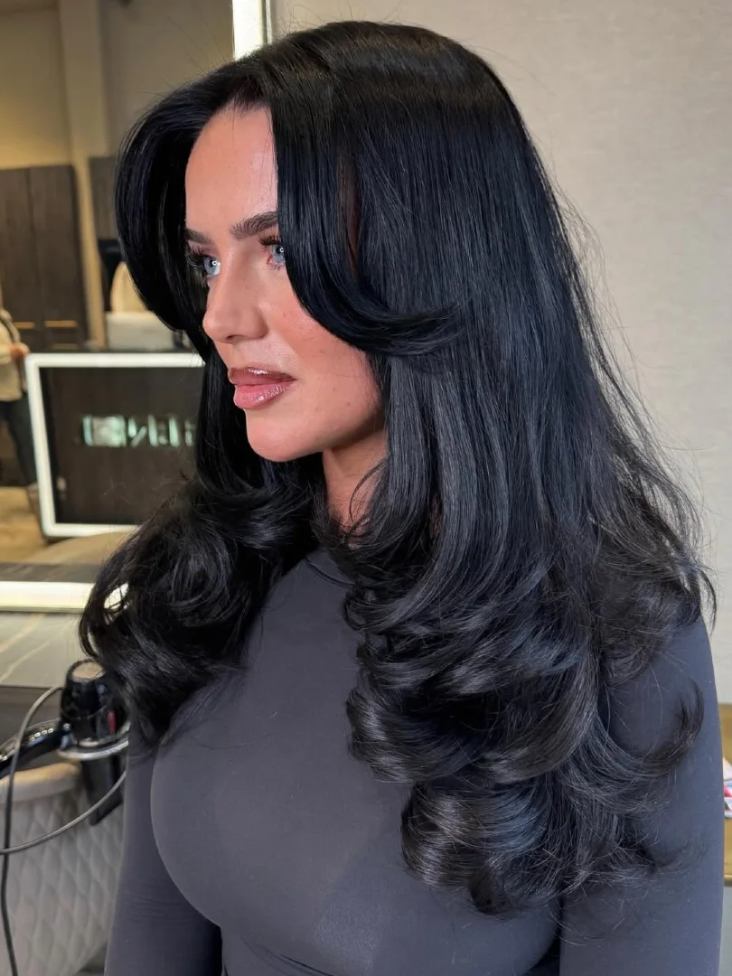 Black Layered Hair with Old Hollywood Curled Ends
