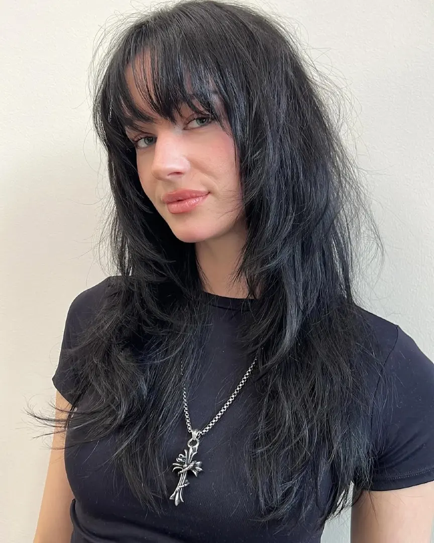 Black Shaggy Layers with Wispy Fringe Bangs