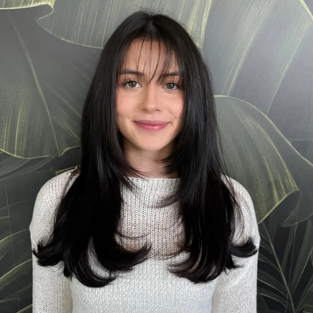 Black Straight Layers with Wispy Curtain Bangs and Flipped Ends