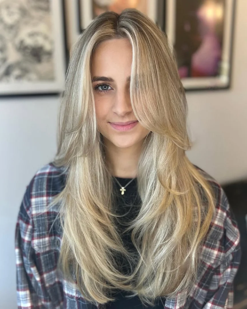 Blonde Highlighted Long Layers with Money Piece