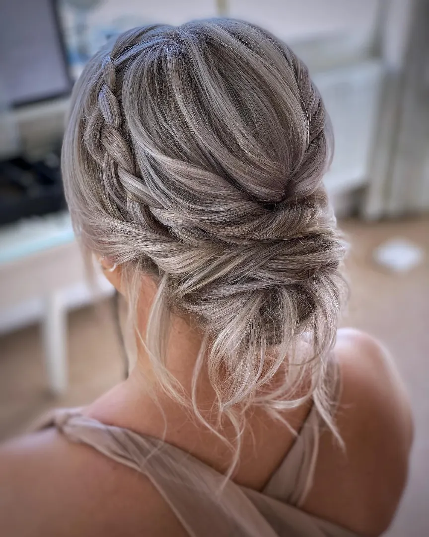 Braided Halo Updo with Soft Ash Blonde Waves