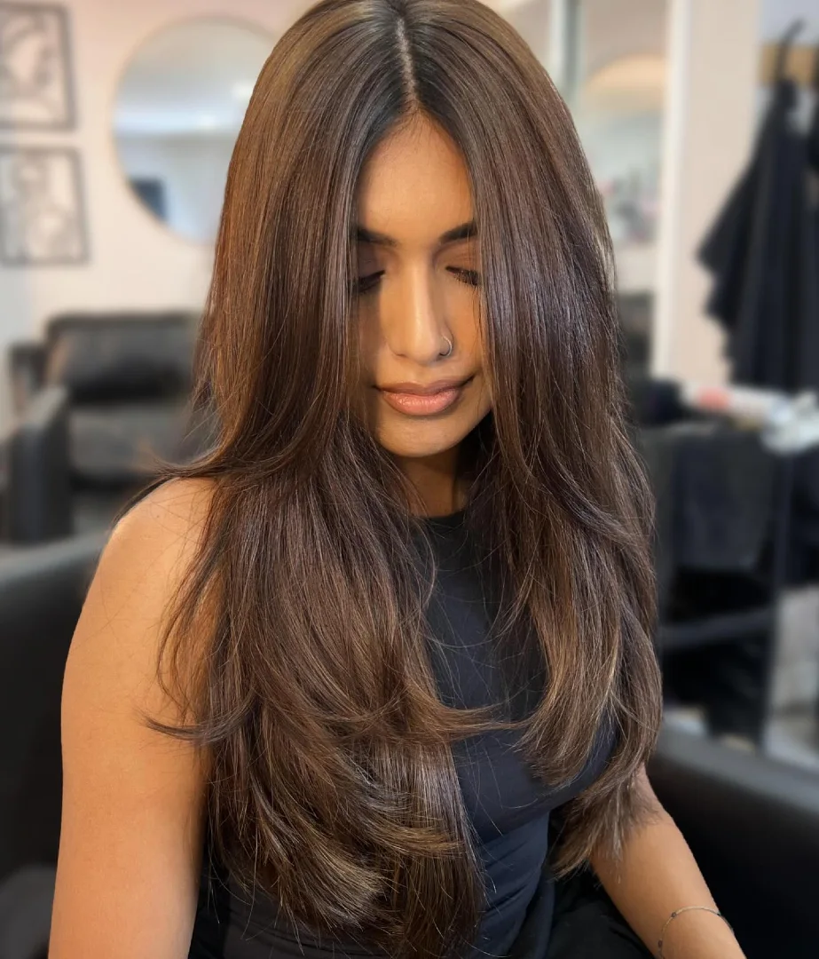 Chocolate Brown Straight Layers with Sleek Center Part