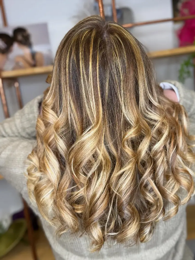 Chunky Golden Highlights on Dark Brown Curly Hair