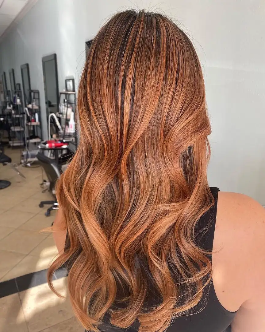 Copper Auburn Balayage on Long Layered Hair