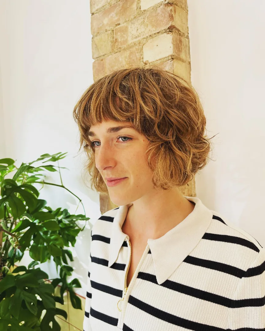 Curly Golden Brown Bixie with Fringe
