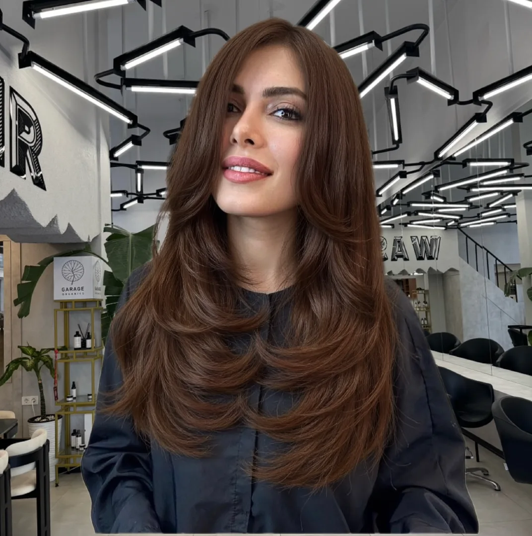Curtain Bangs on Long Brown Hair with Feathered Layers