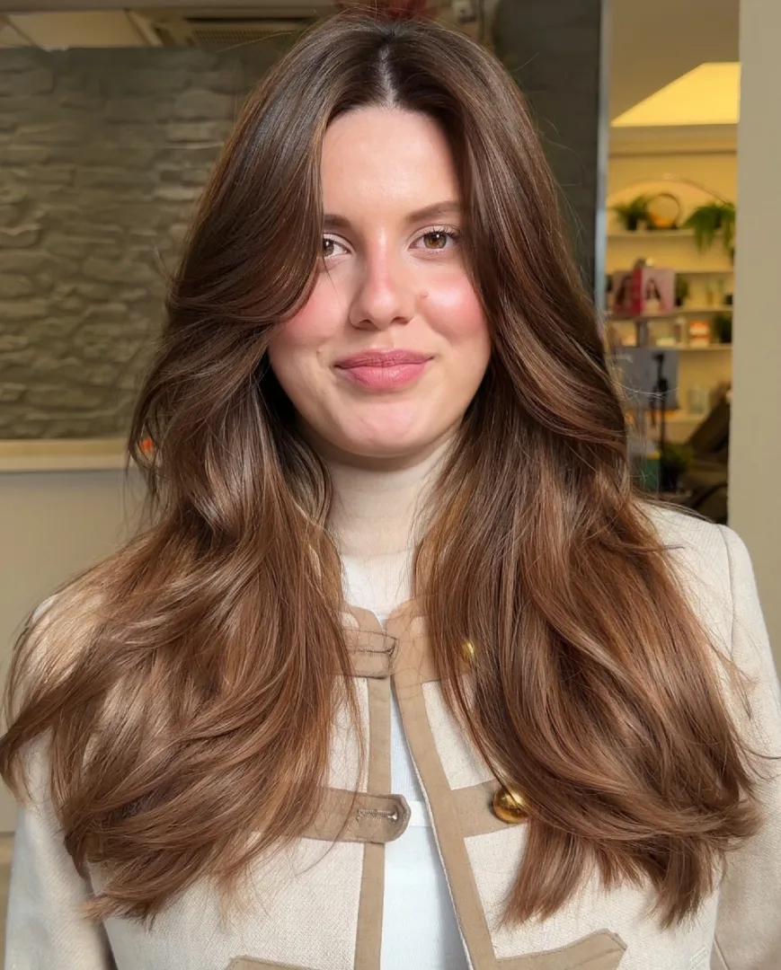 Curtain Bangs on Long Chestnut Brown Hair with Soft Waves