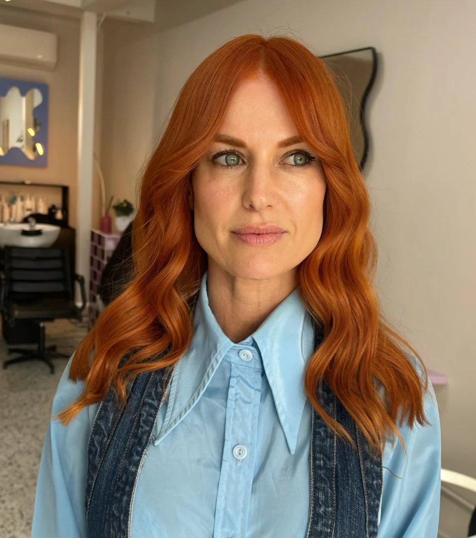 Curtain Bangs on Long Copper Red Hair with Elegant Waves