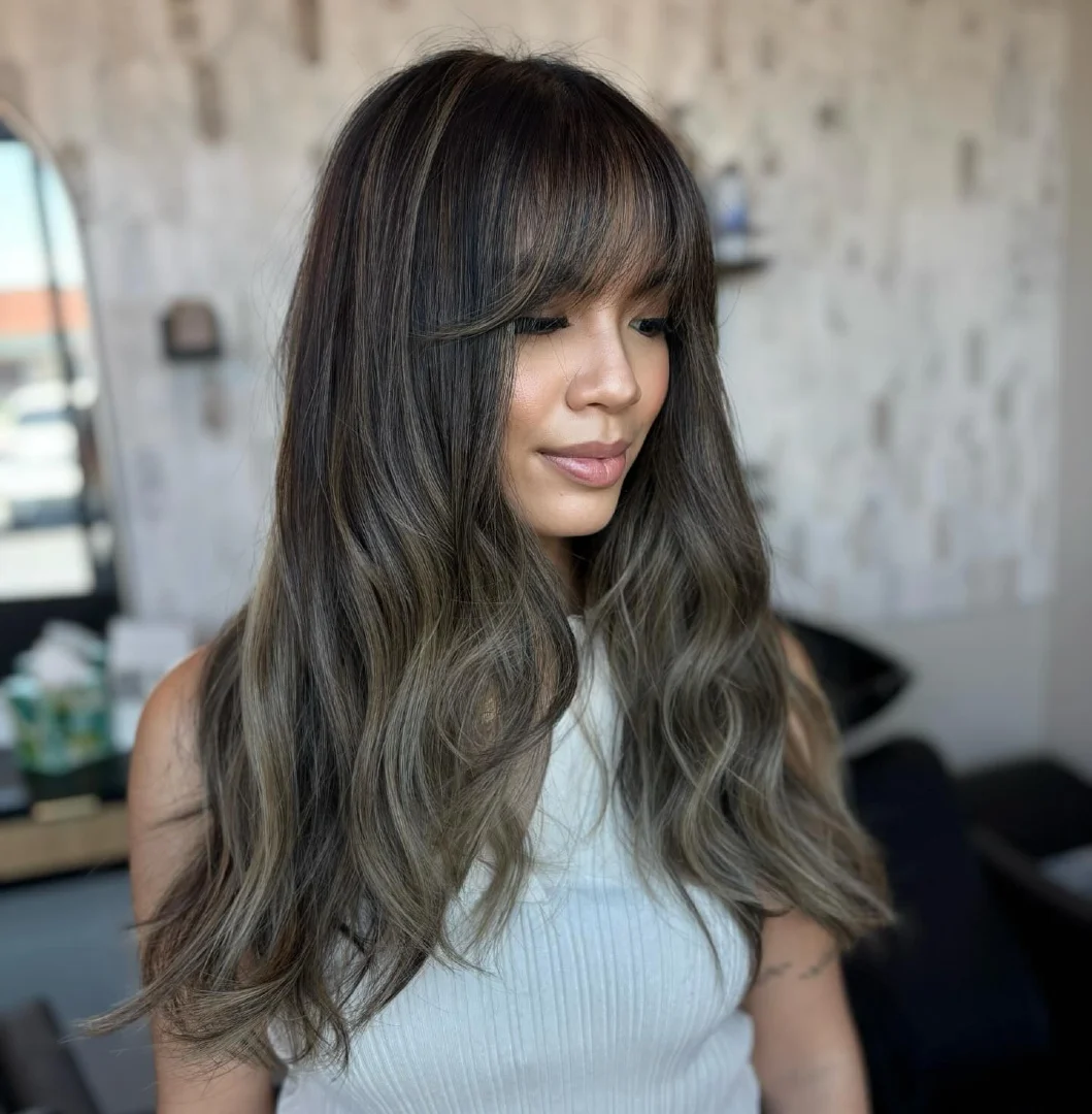Curtain Bangs on Long Dark Hair with Ash Green Balayage