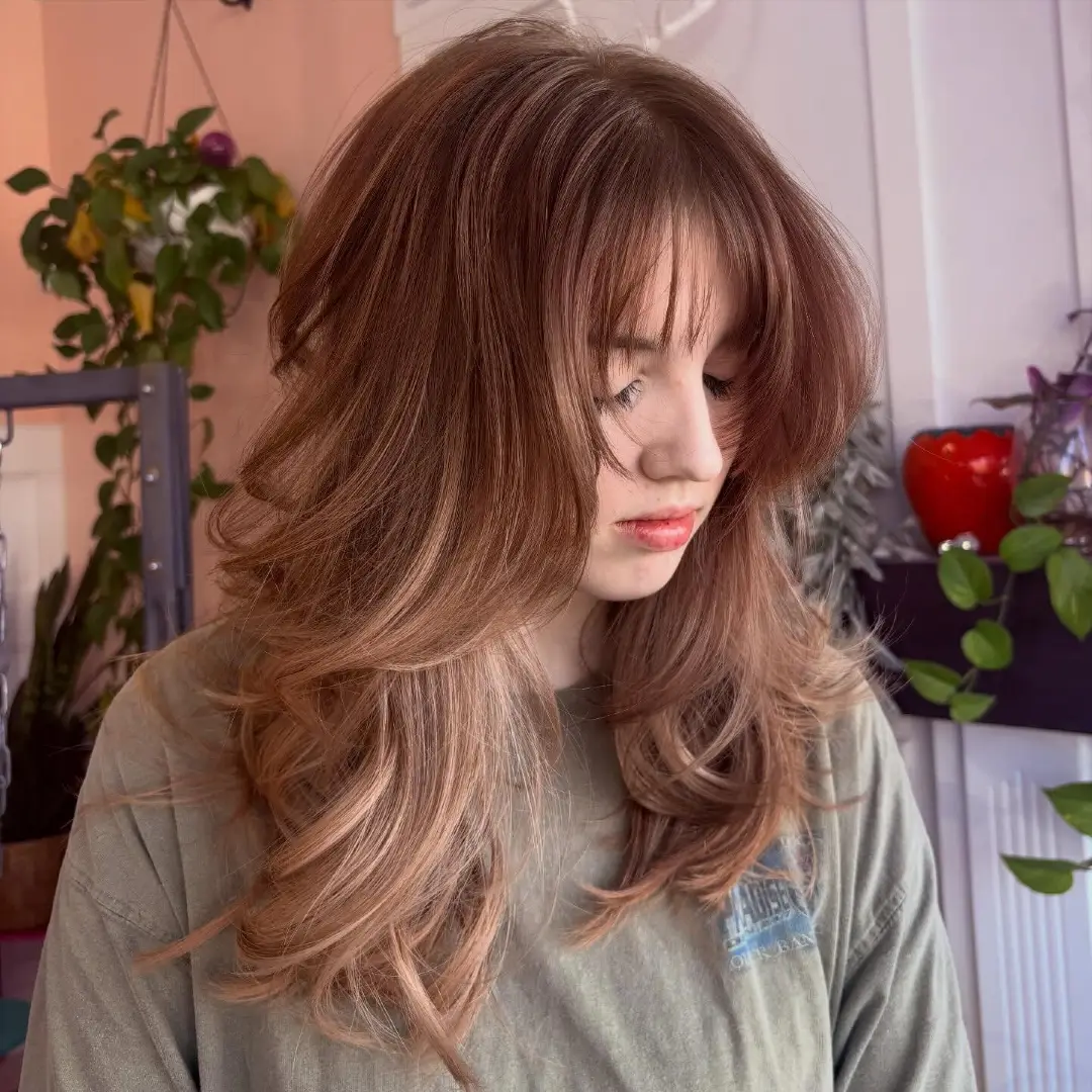 Curtain Bangs on Long Warm Brown Hair with Layered Flicks