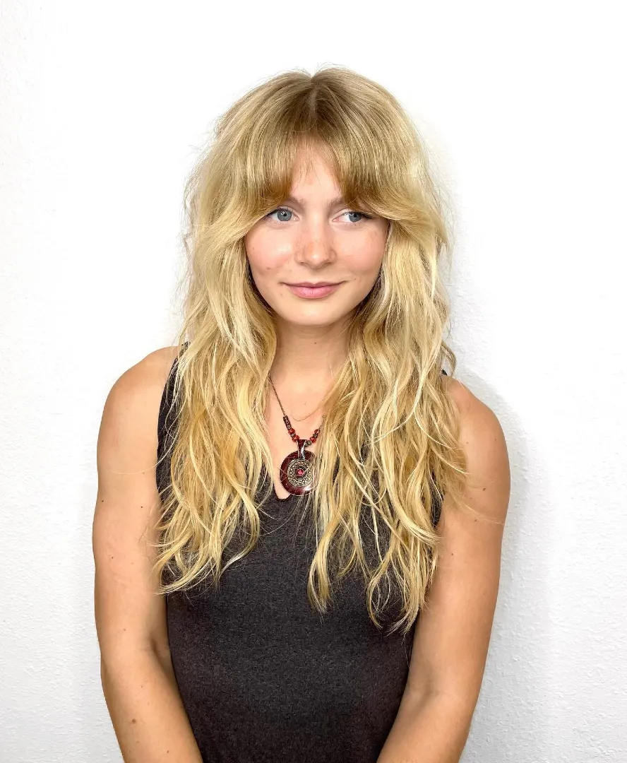Curtain Bangs on Long Wavy Blonde Shag
