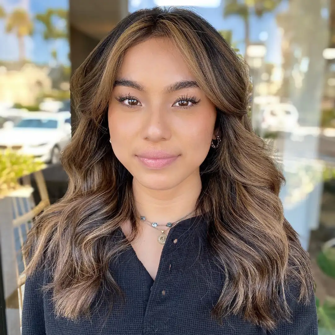 Curtain Bangs on Medium Dark Brown Hair with Golden Highlights