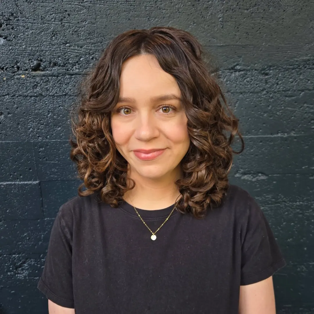 Curtain Bangs on Short Dark Brown Curly Bob