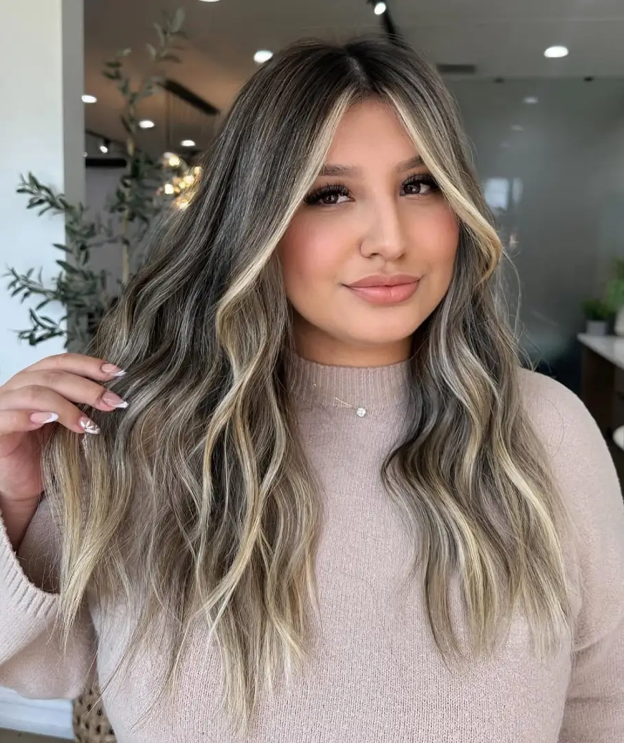 Dark Ash Brown Balayage with Bold Blonde Money Piece