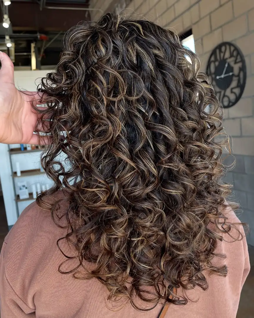 Dark Brown Curly Hair With Caramel Highlights