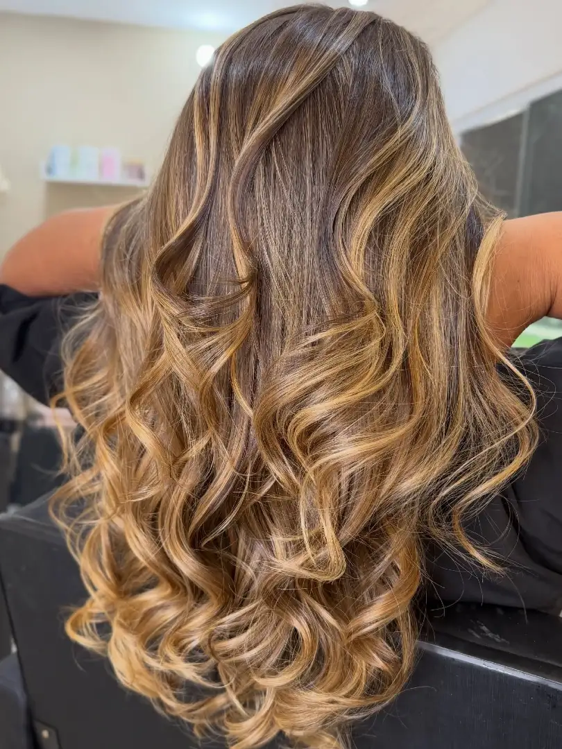Dark Brown Hair With Golden Caramel Ombre Highlights