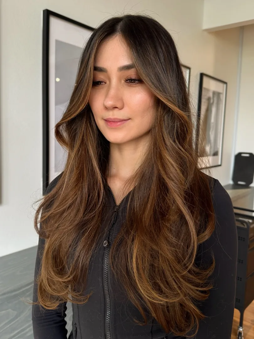Dark Brown Hair With Warm Brown Curtain Bang Highlights