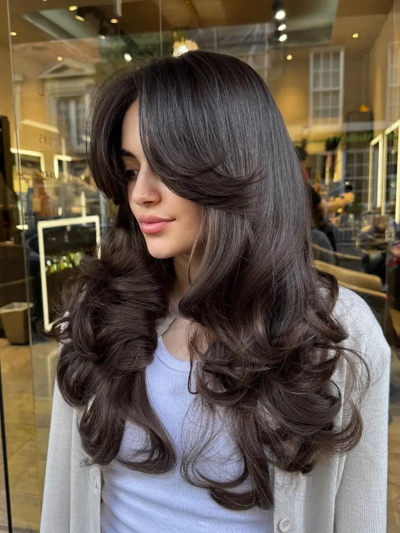 Dark Brown Layered Blowout with Curtain Bangs
