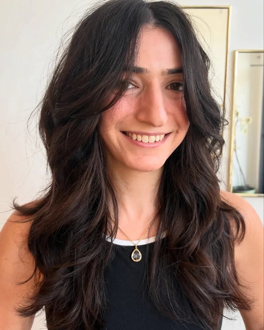 Dark Brown Wavy Layers with Tousled Curtain Bangs