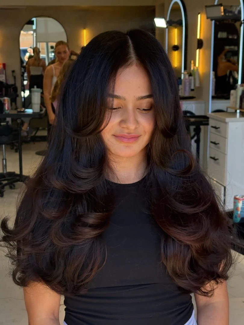 Dark Chocolate Layered Hair with Stacked Barrel Curls