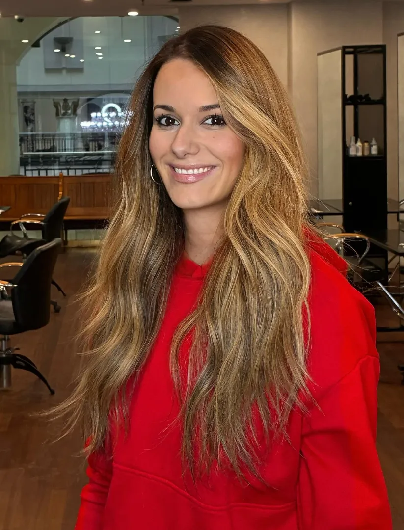 Dark Root Balayage with Golden Blonde Face Framing