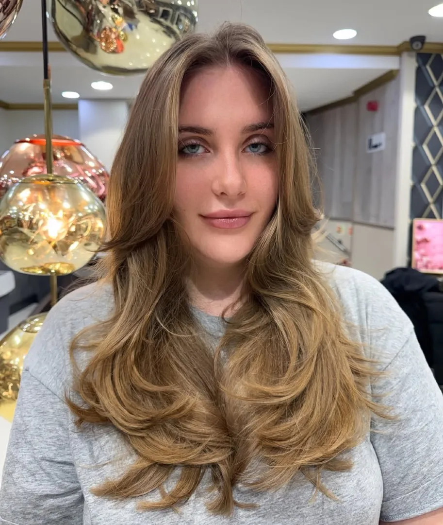 Golden Brown Long Layers with Curtain Bang and Curled Ends