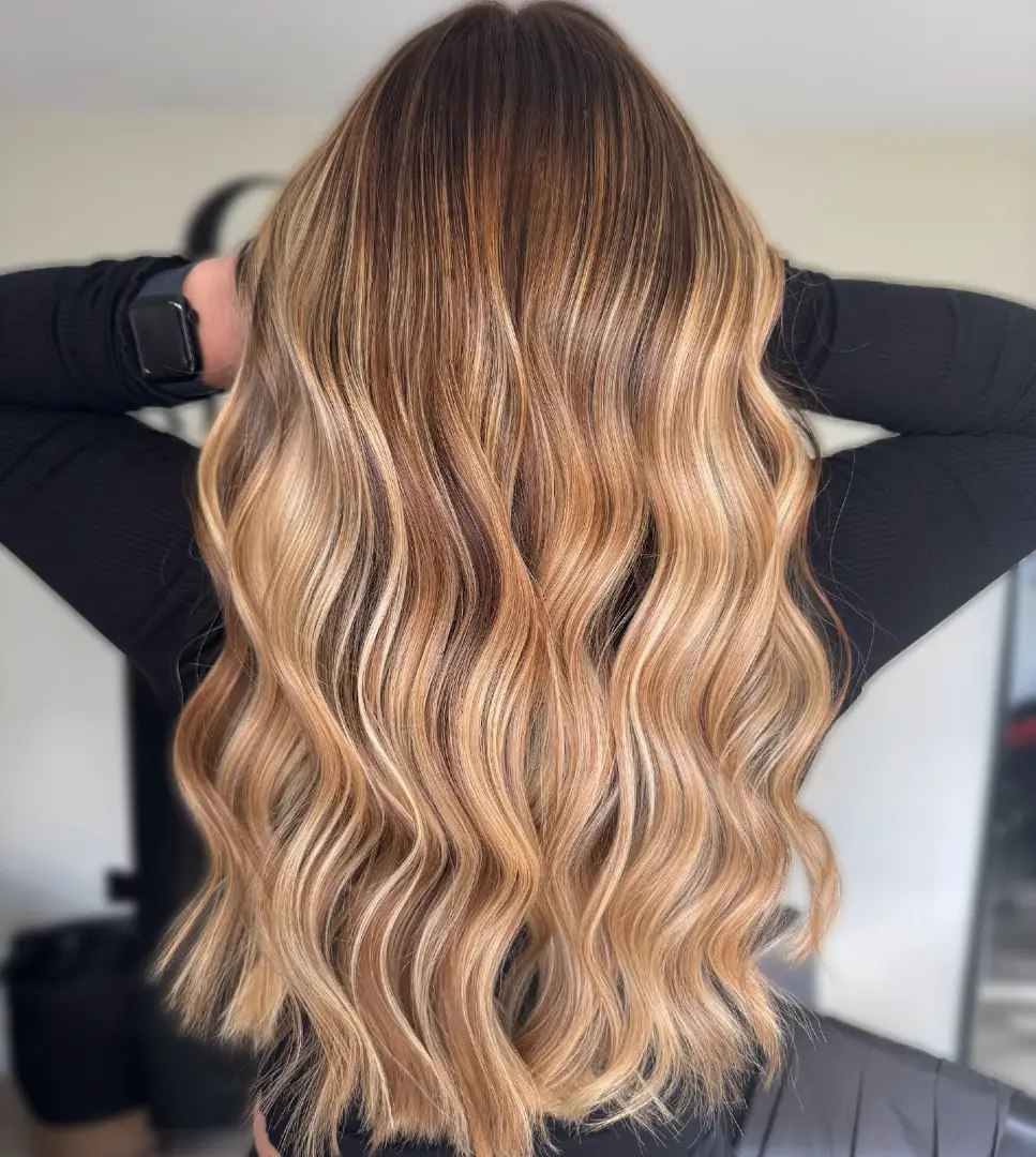 Honey Blonde Balayage with Bright Ribbon Highlights