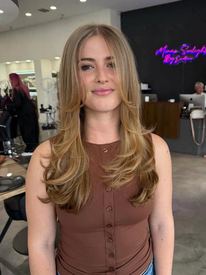 Honey Blonde Long Layers with Soft Inward Curl