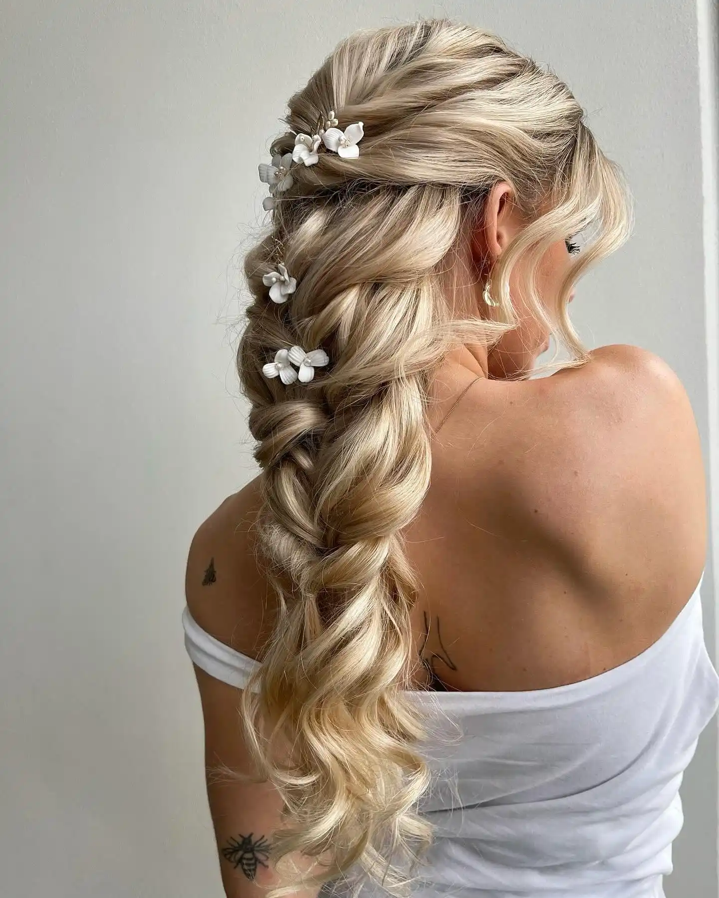 Loosely Braided Half Up with White Floral Pins