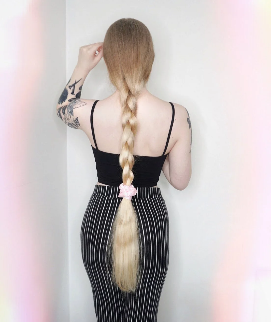 Low Three Strand Braid with Pink Scrunchie