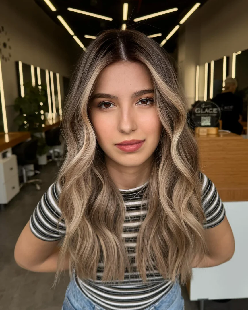 Natural Brown Balayage with Soft Beige Blonde Blend