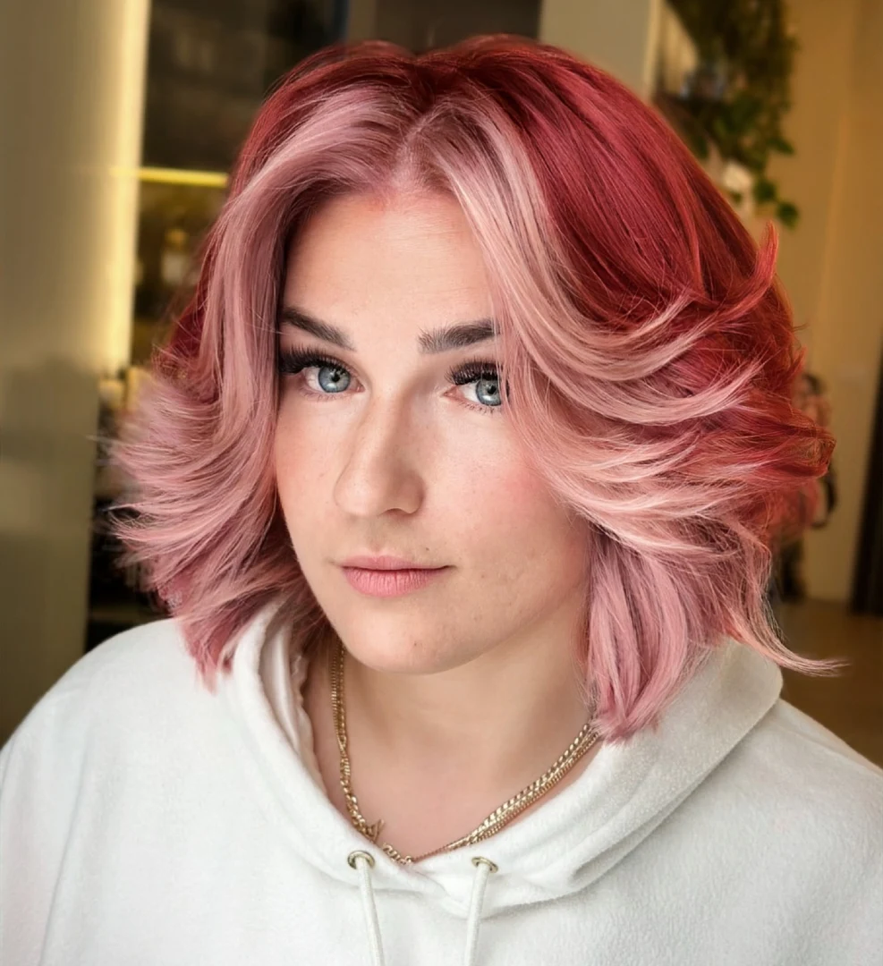 Pink and Red Two-Tone Wavy Bob
