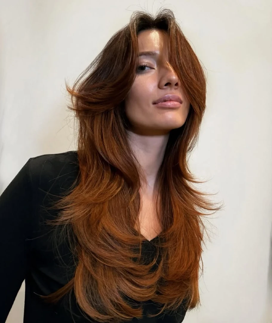 Rich Auburn Long Shag Layers with Windswept Volume