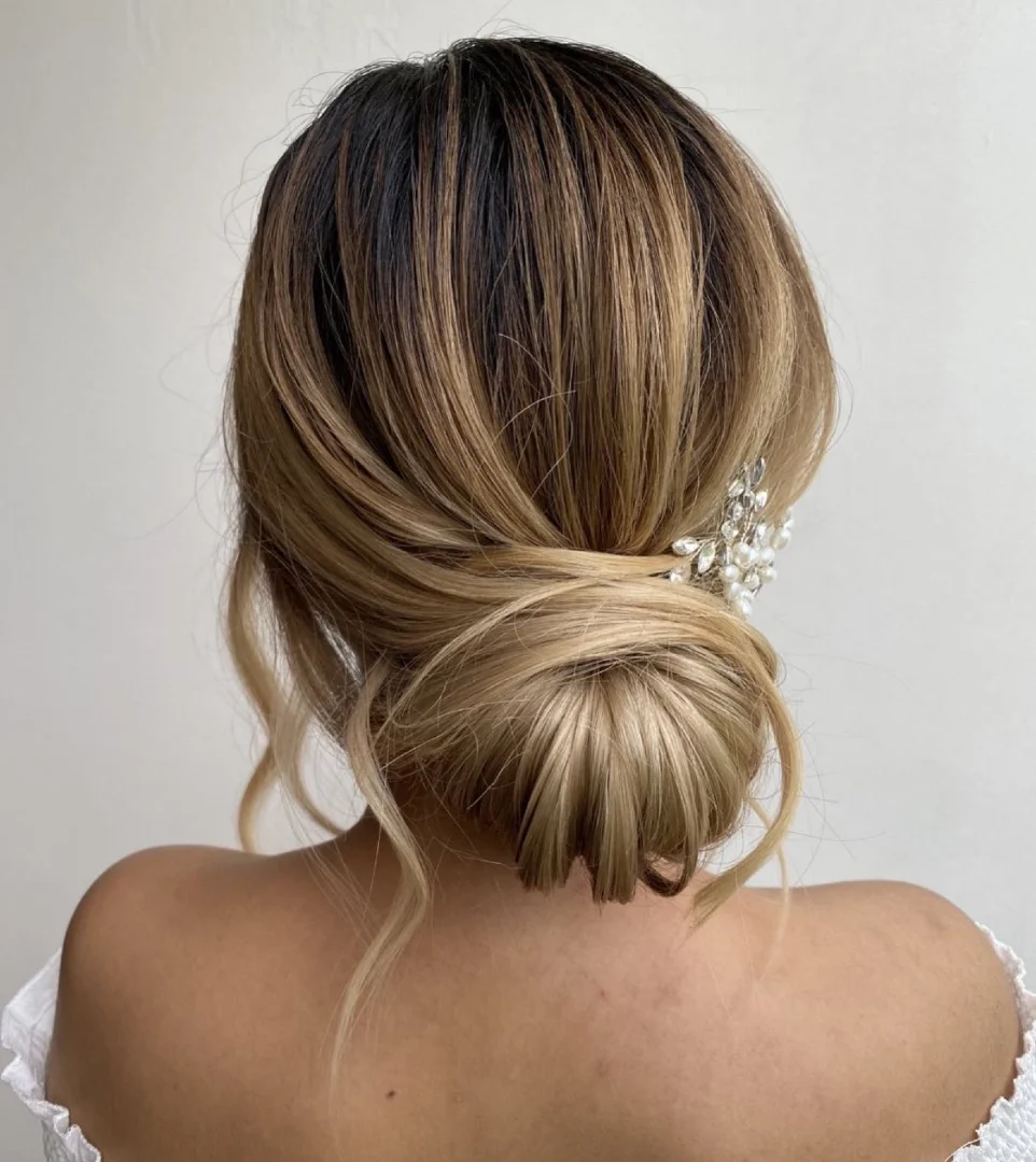 Romantic Low Bun with Pearl and Crystal Hair Comb