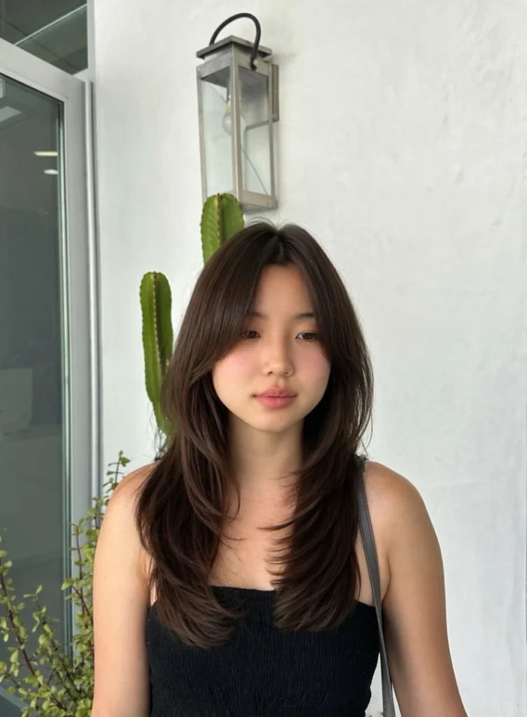 Straight Dark Brown Hair with Feathered Layers