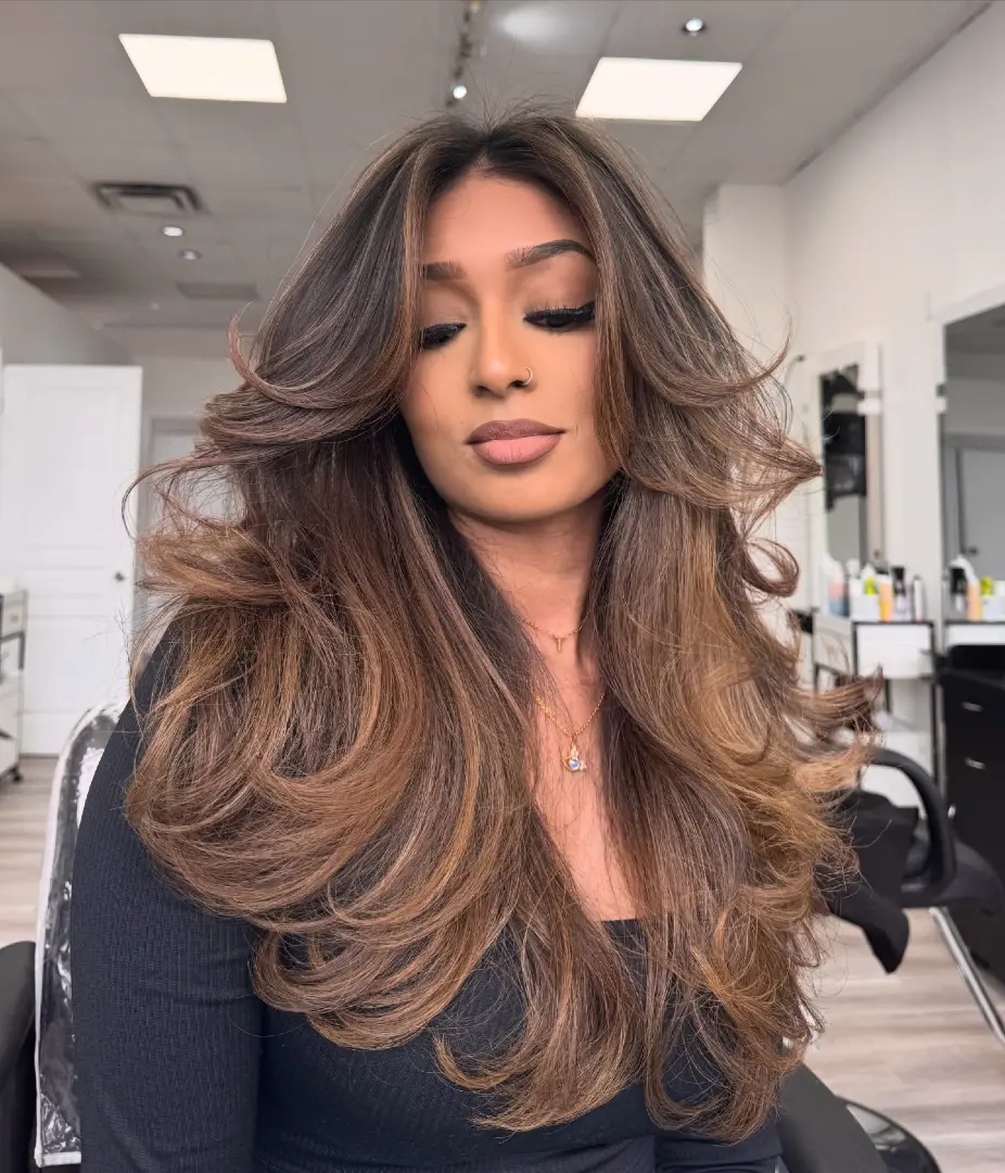 Warm Brown Balayage with High Volume Butterfly Layers