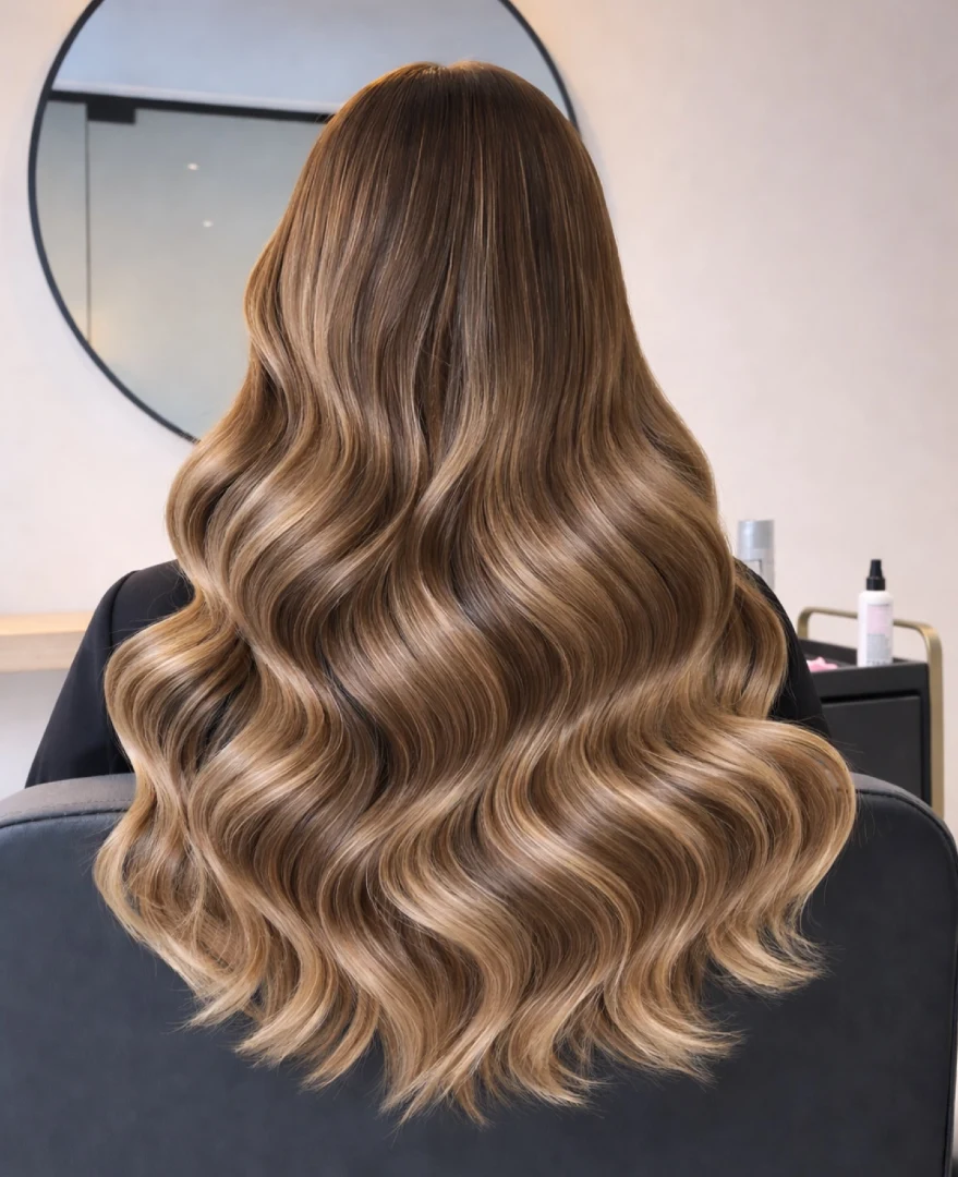 Warm Caramel Balayage on Long Wavy Hair