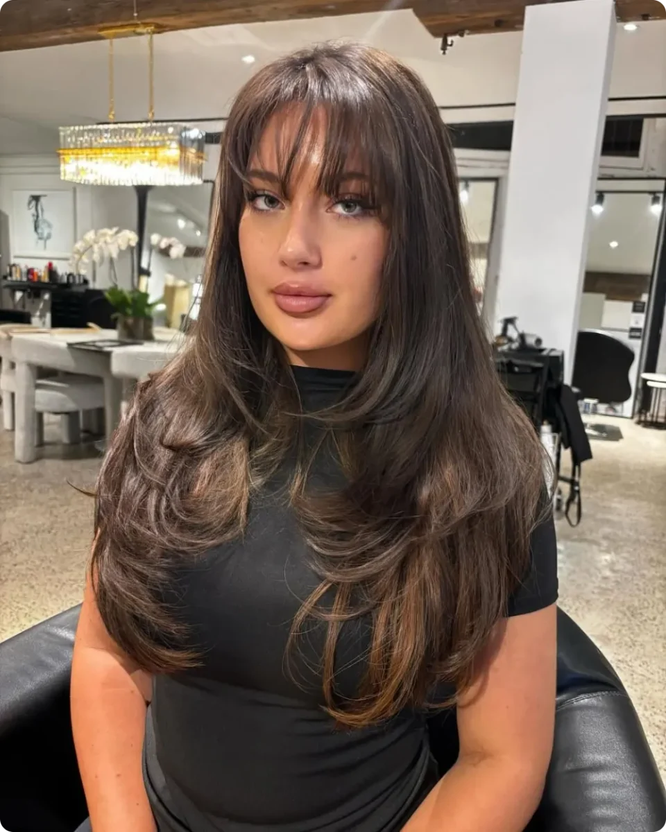 Full fringe with straight brunette layers fanning out and flipping at the tips