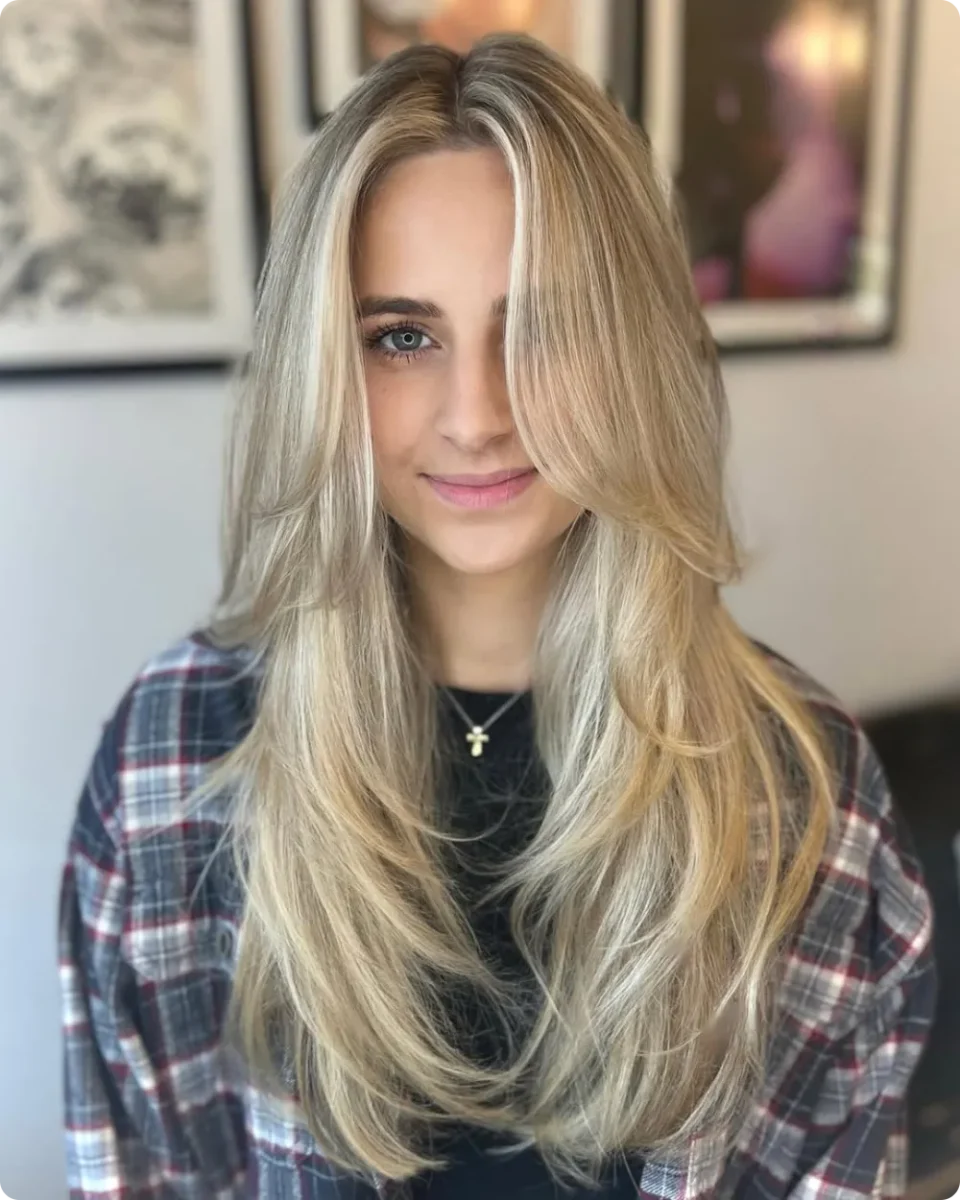 Blonde long layered hair ideas with sliced layers and a long piece sweeping across one eye