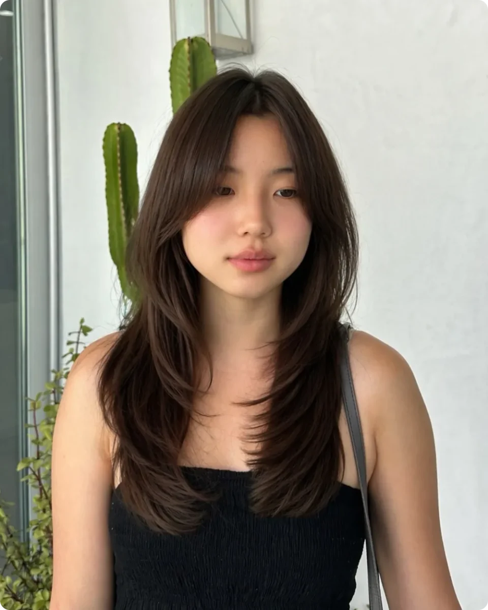Soft brown layers with a long side swept fringe blending into the sides