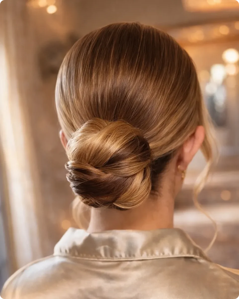 Rolled rosette bun on golden brown hair with a smooth polished crown, worn with a champagne satin top